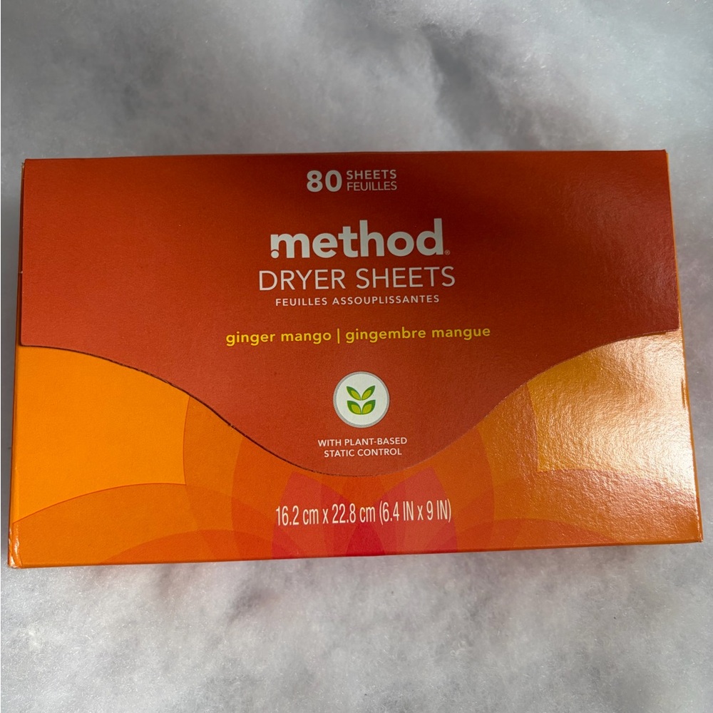 Method Dryer Sheets Ginger Mango Scent 80 Sheet Count Plant-Based Static Control
